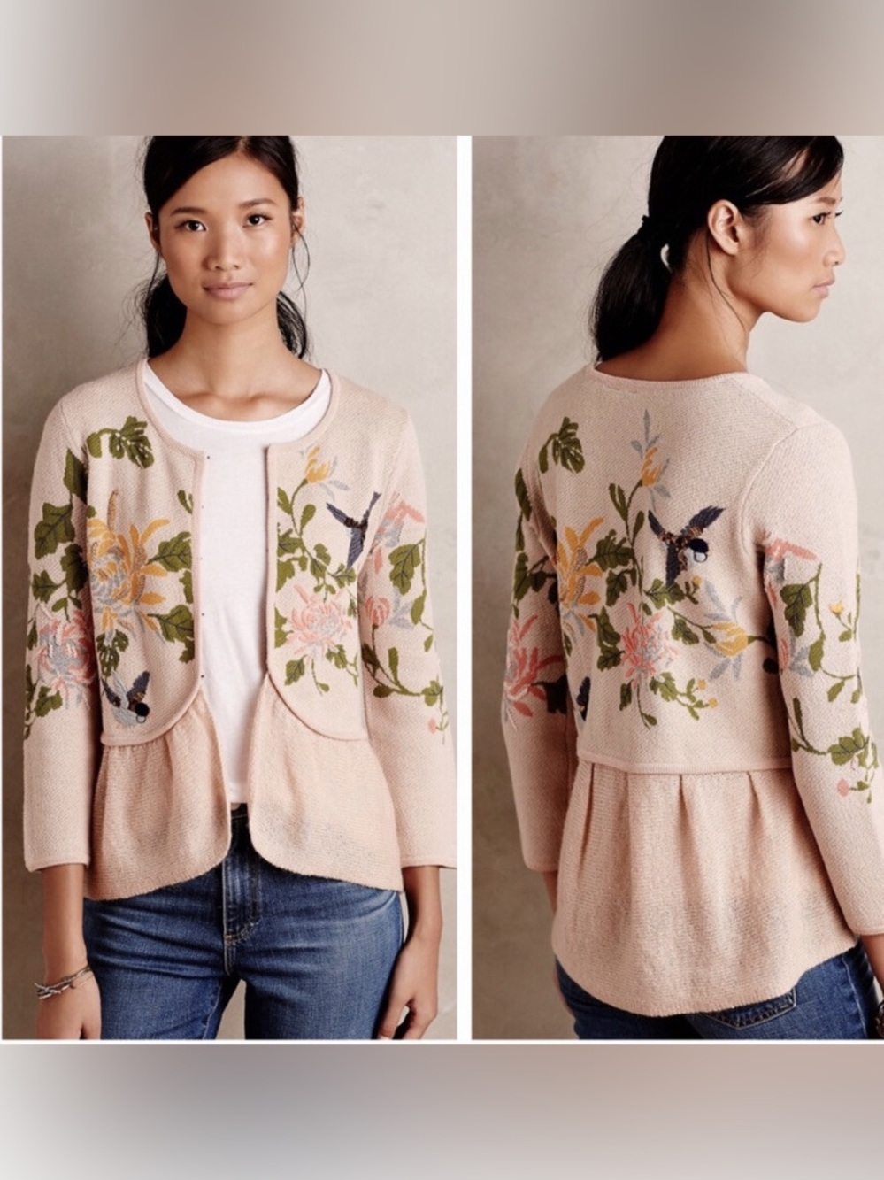 Anthropologie Moth Embroidered Beaded Floral Bird Cardigan Sweater